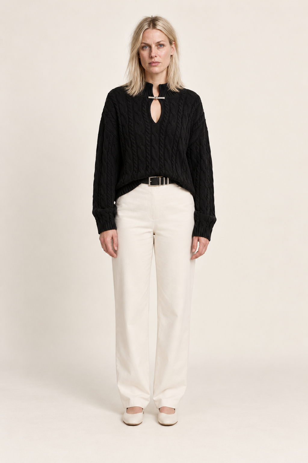 Yvonne | Cable Knit Keyhole High Neck Jumper