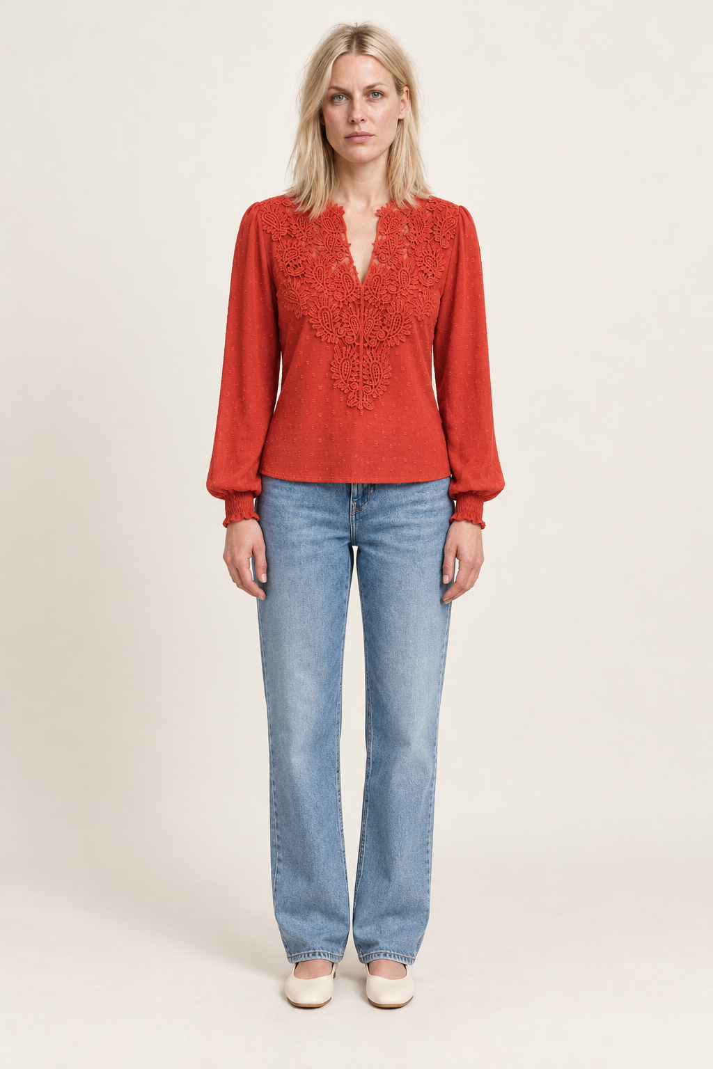 Colette | Lace-Trim Swiss-Dot Blouse
