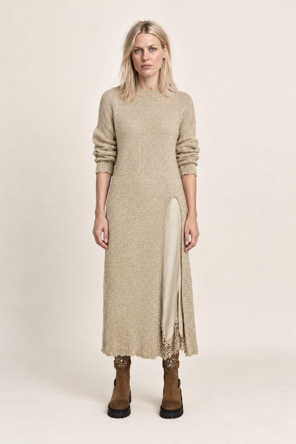 Lena | High-Neck Split-Front Knit Maxi Dress