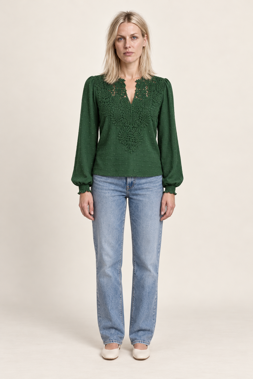 Colette | Lace-Trim Swiss-Dot Blouse