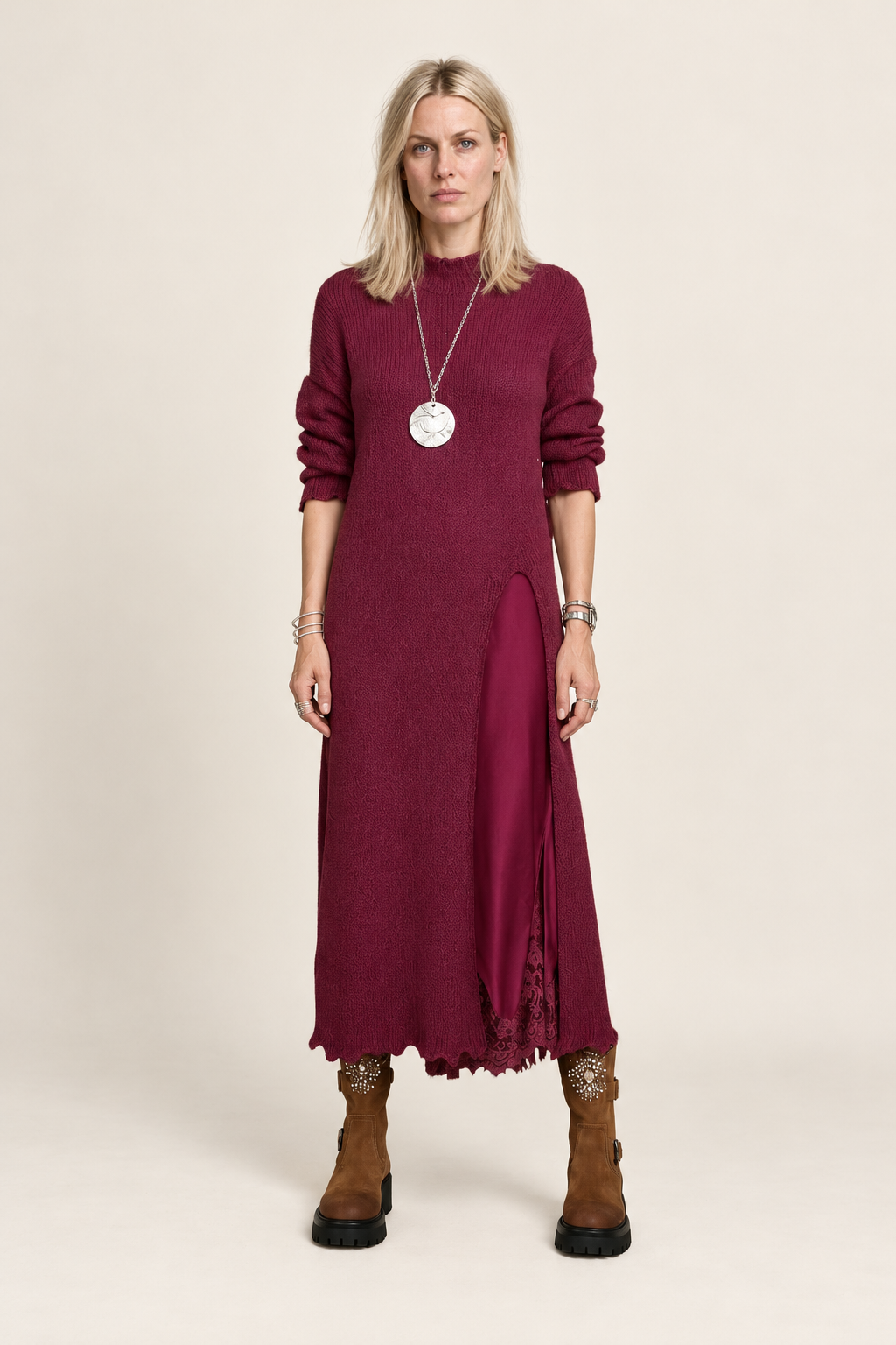 Lena | High-Neck Split-Front Knit Maxi Dress
