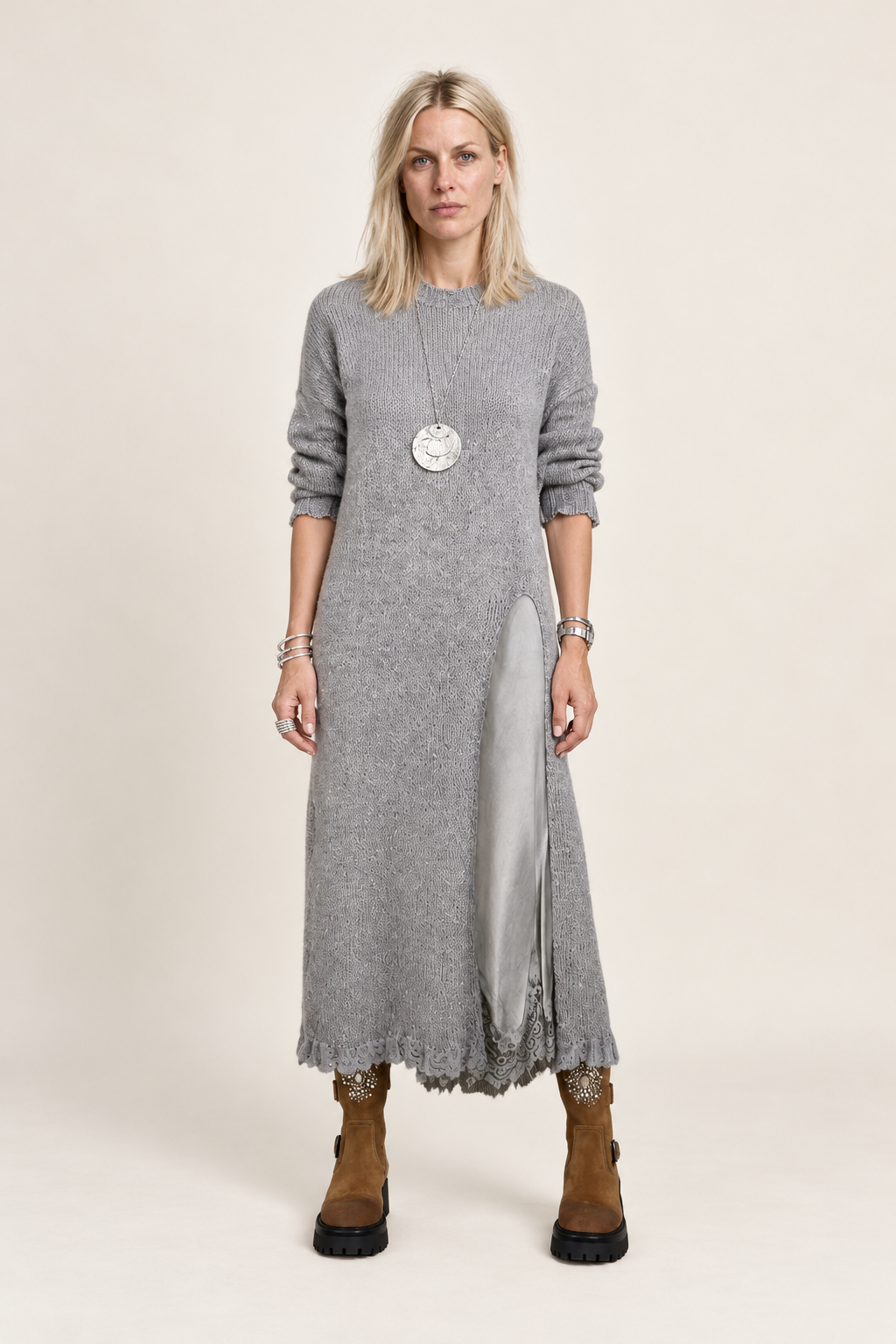 Lena | High-Neck Split-Front Knit Maxi Dress