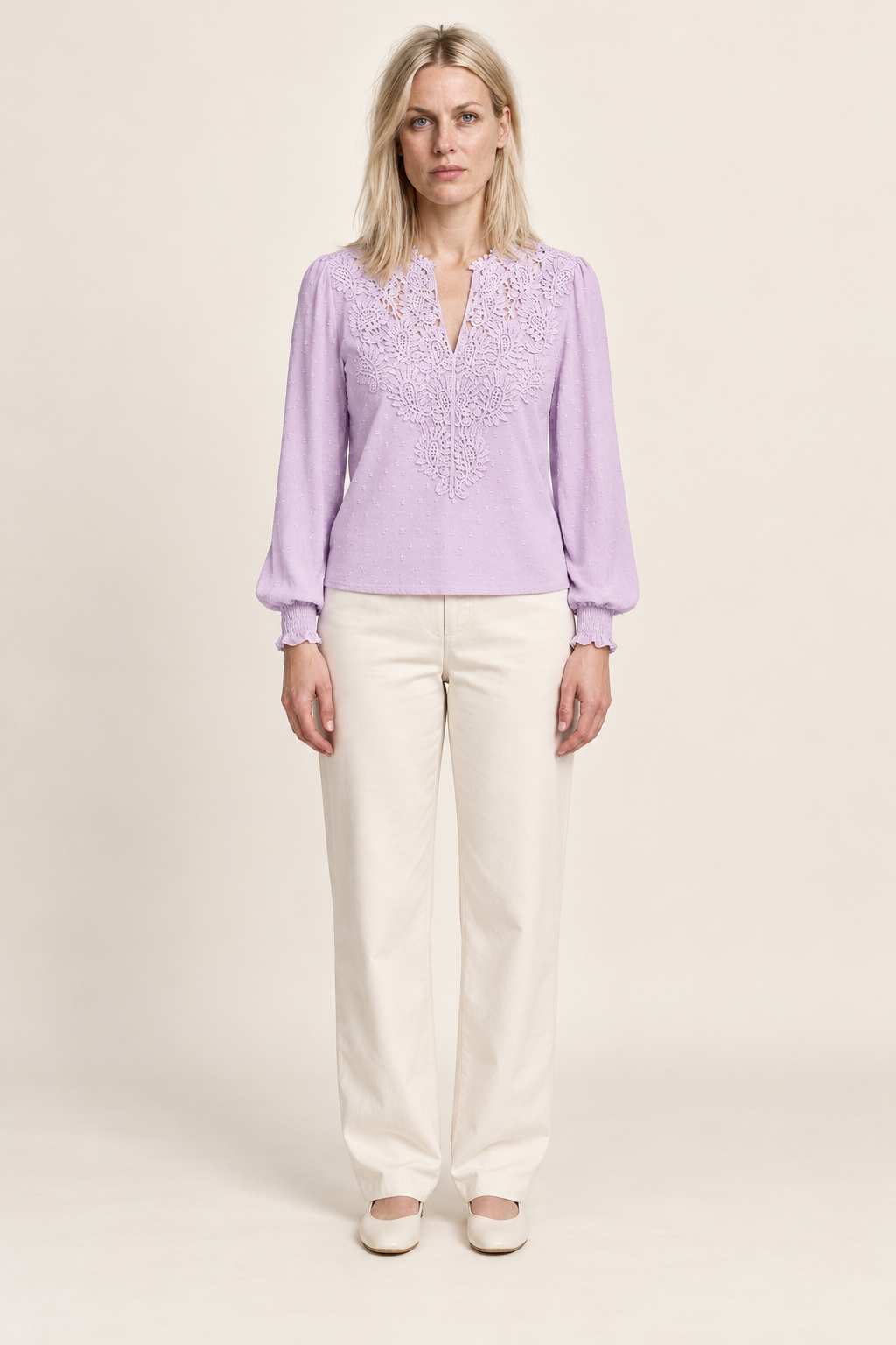 Colette | Lace-Trim Swiss-Dot Blouse