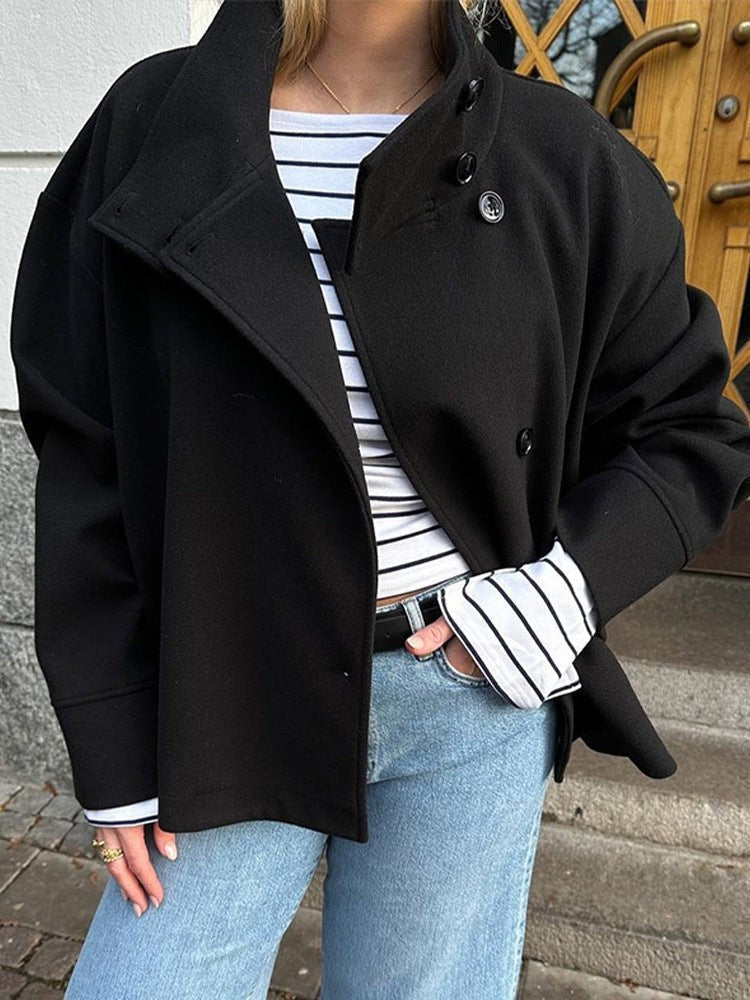Black stand collar cropped jacket