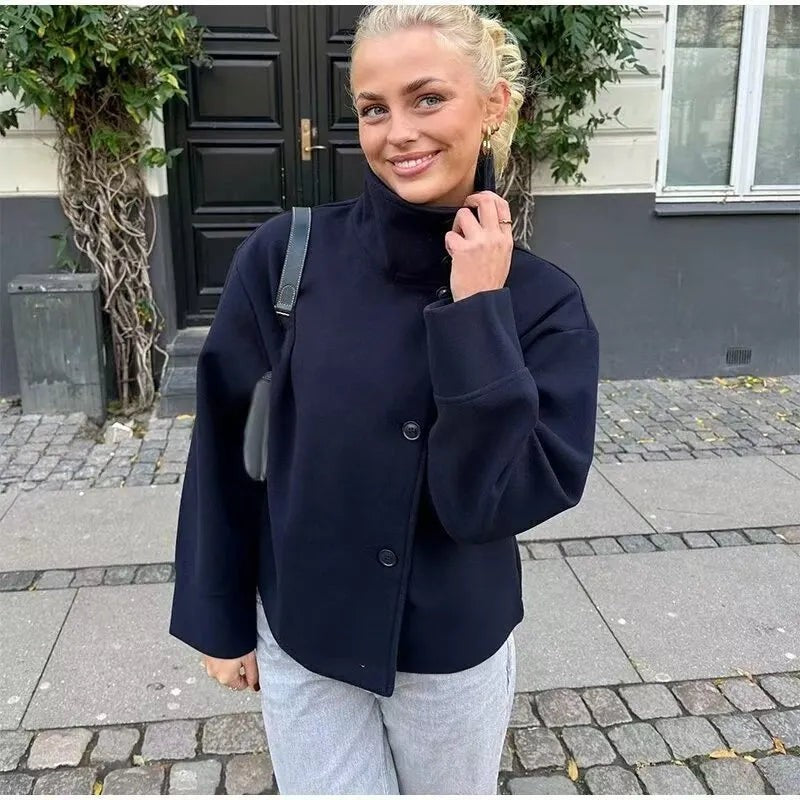 Navy Blue stand collar cropped jacket