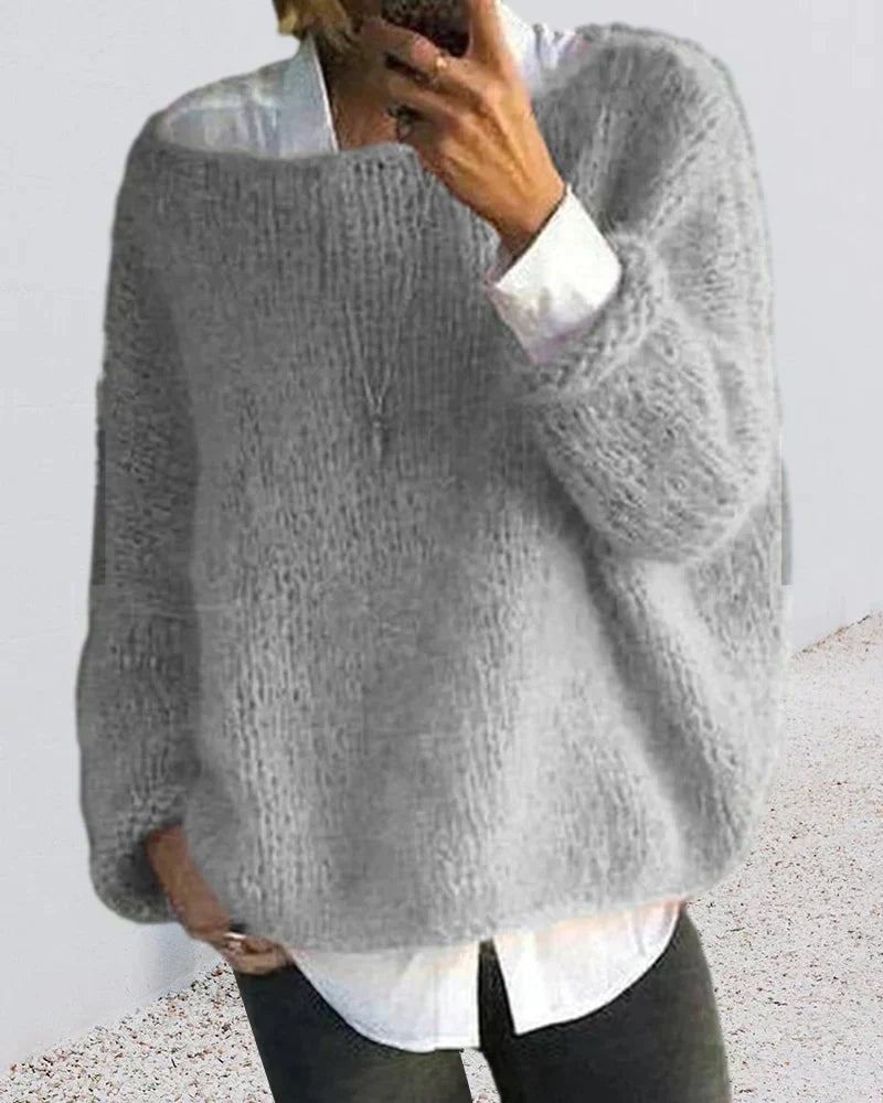 Gray fluffy wide neck jumper