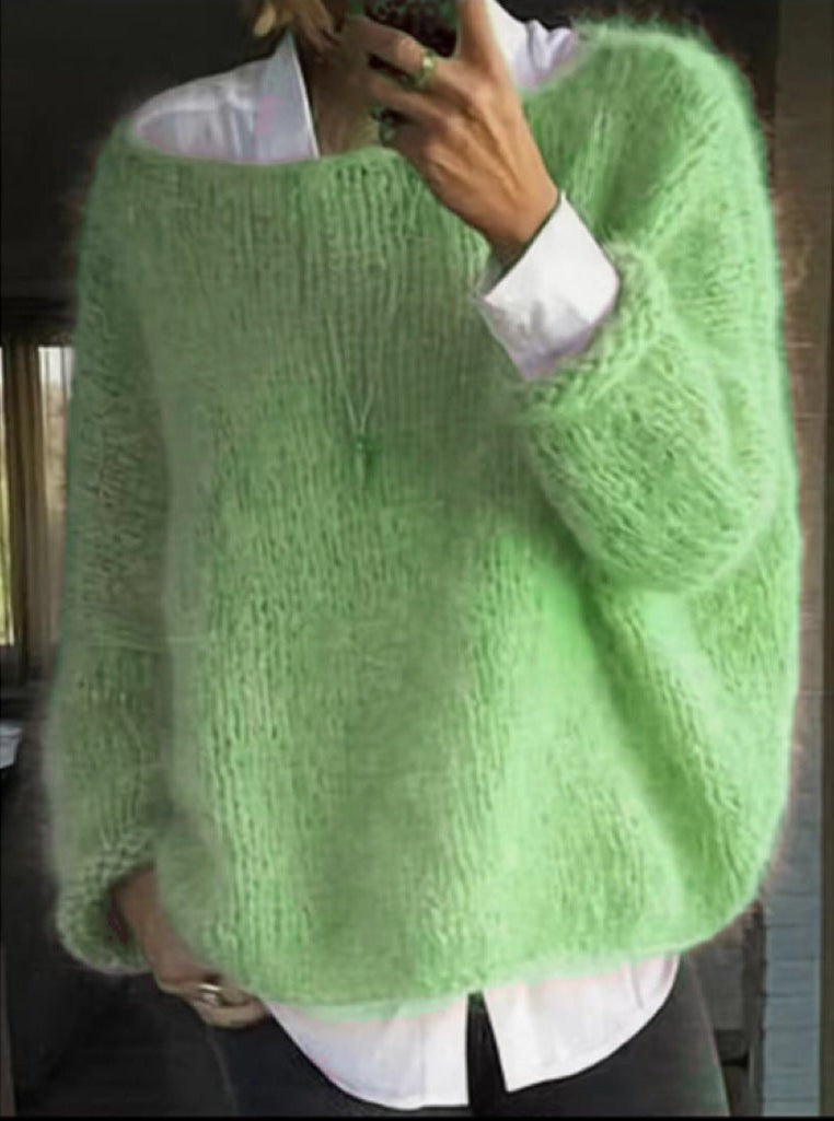 Green fluffy wide neck jumper
