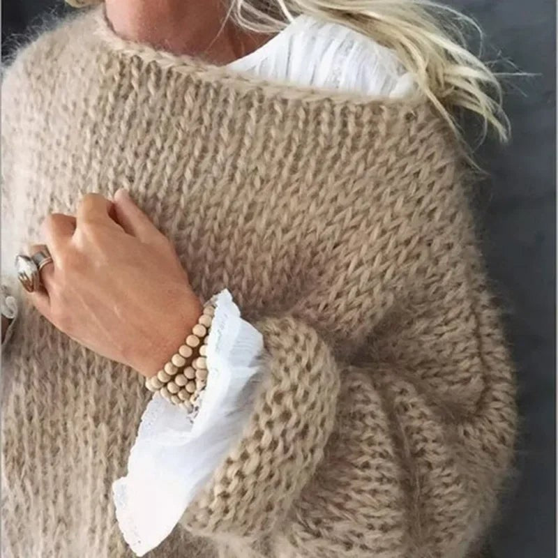 Khaki fluffy wide neck jumper