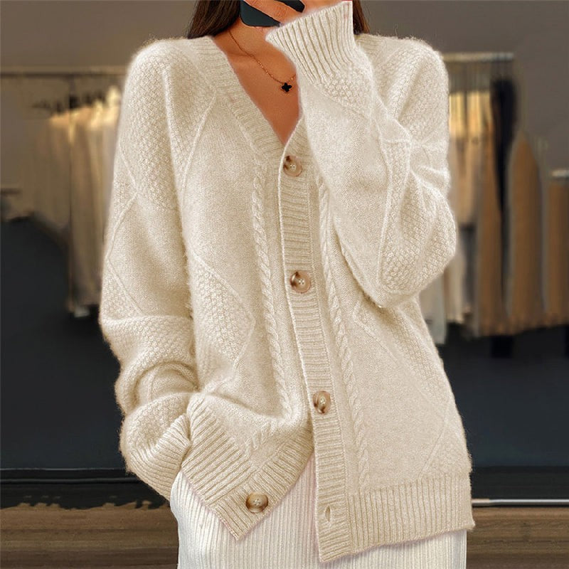 Beige cable-knit v-neck cardigan