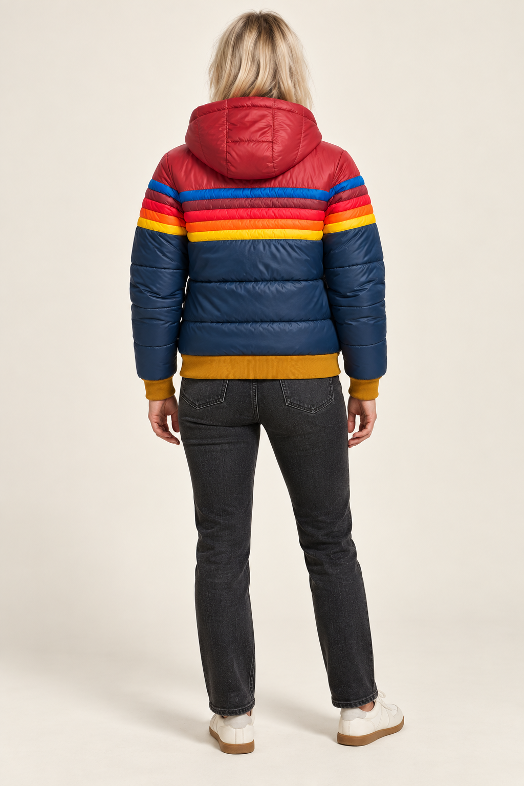 Jara | Hooded Retro Rainbow-Stripe Puffer Jacket