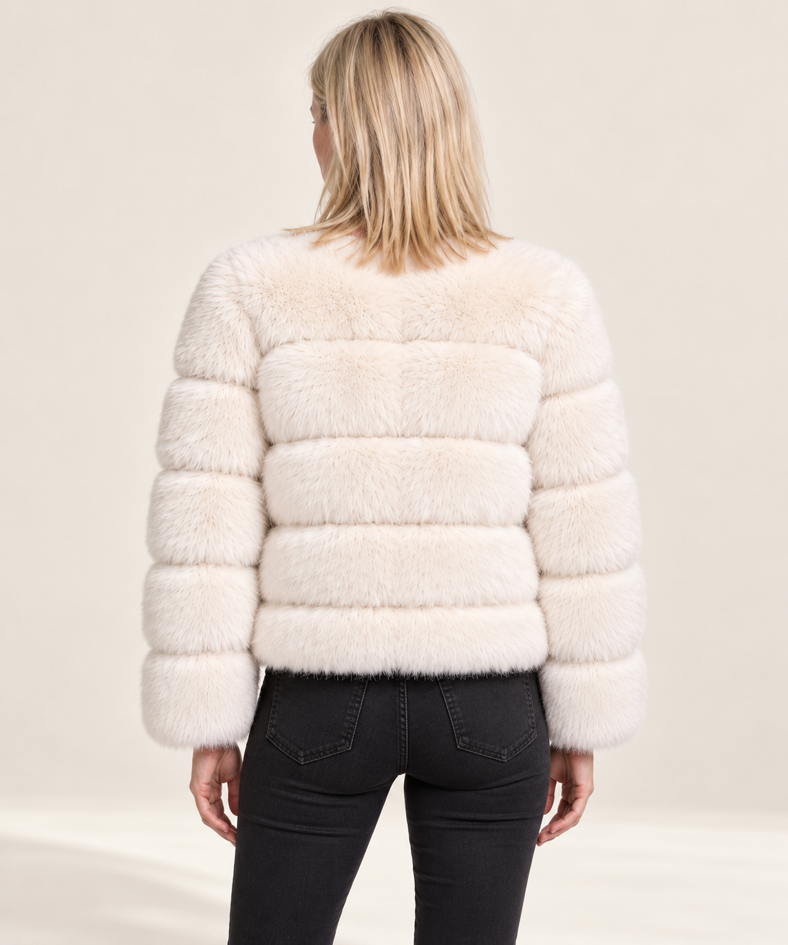 Galina | Tiered-Panel Collarless Faux Fur Cropped Jacket