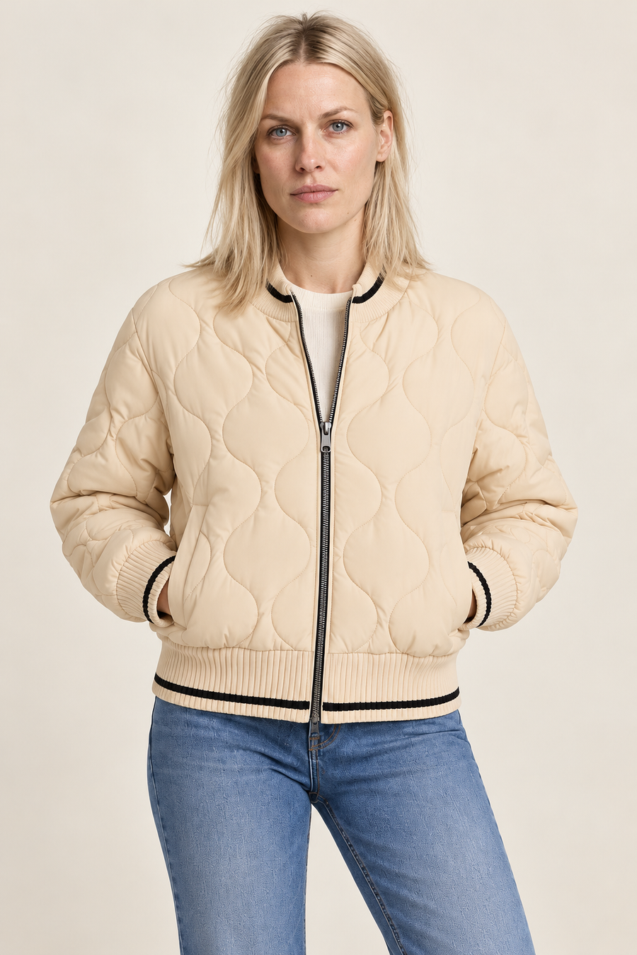 Kaja | Wave-Quilted Tipped-Rib Bomber Jacket