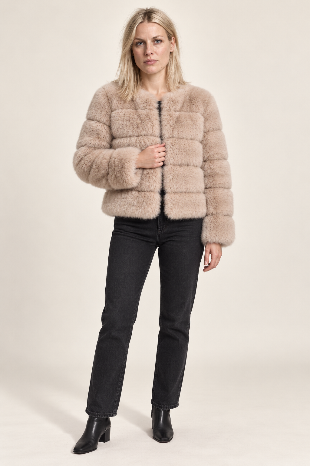 Galina | Tiered-Panel Collarless Faux Fur Cropped Jacket