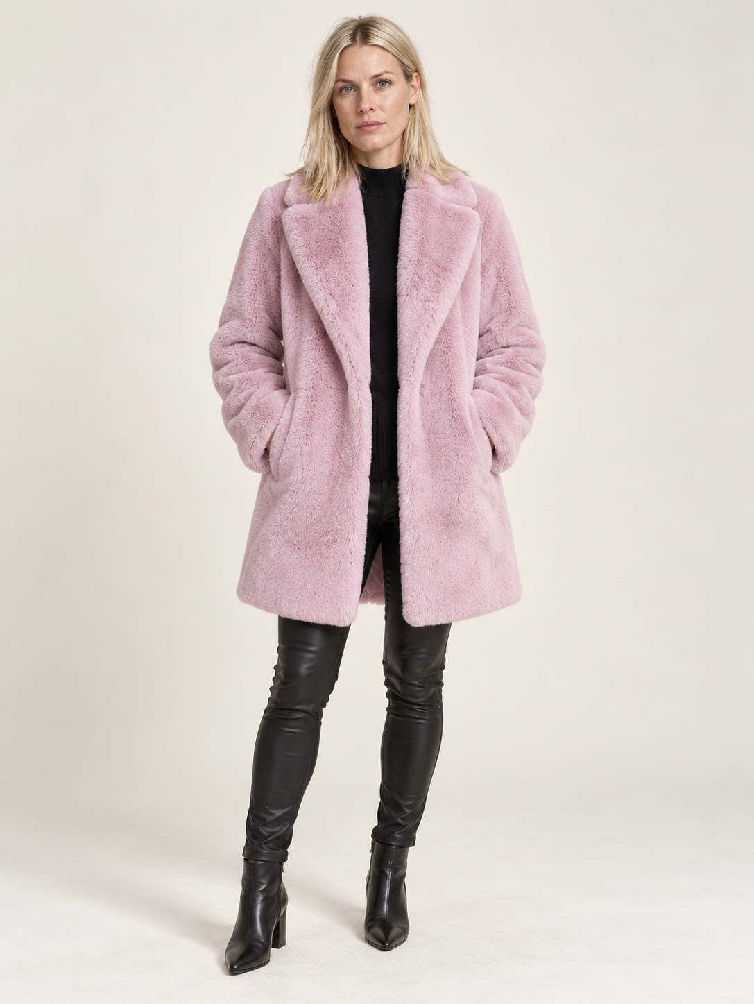Flavie | Wide-Lapel Open-Front Faux Fur Mid-Thigh Coat