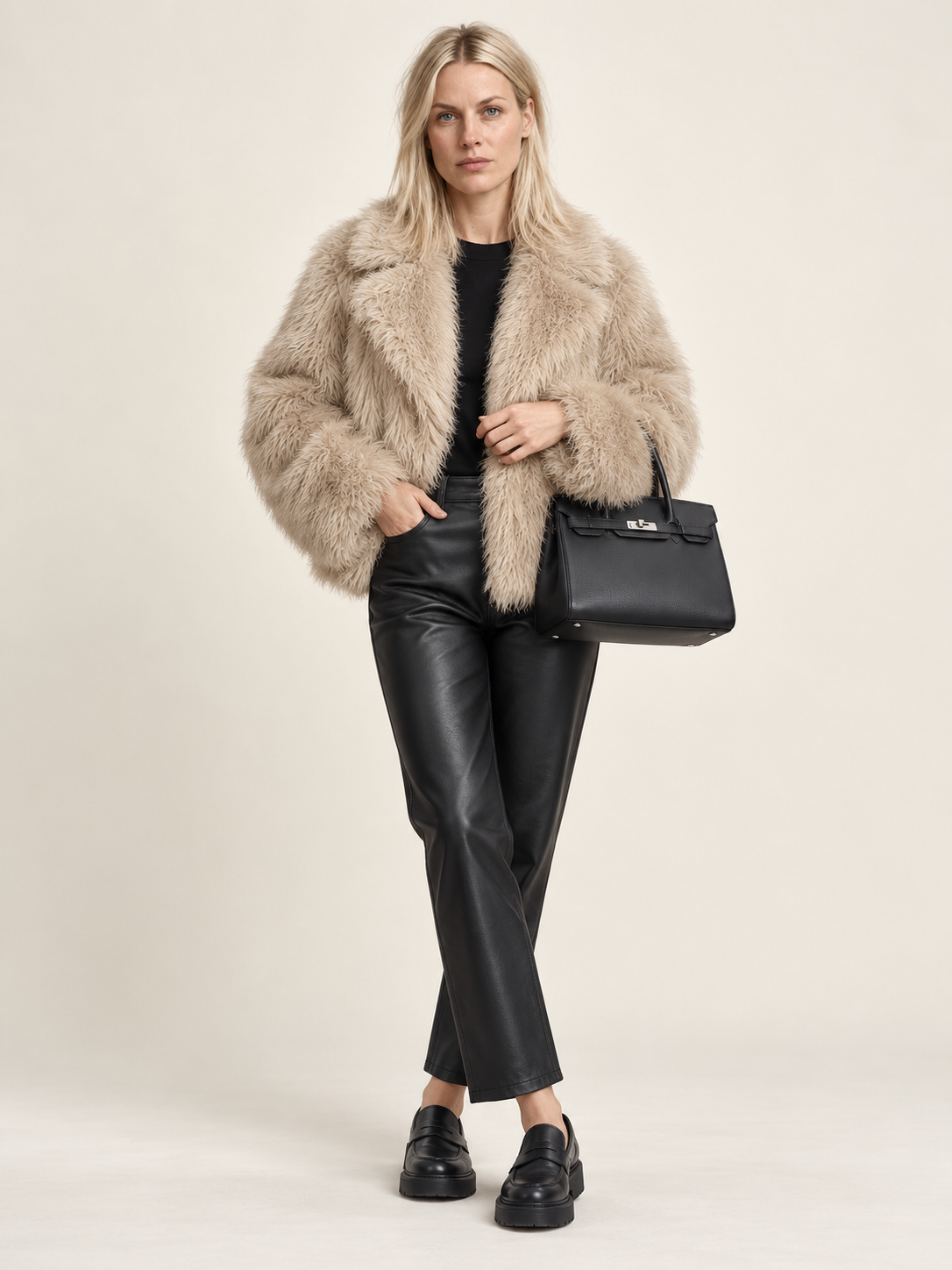 Filipa | Wide-Lapel Shaggy Faux Fur Hip-Length Jacket