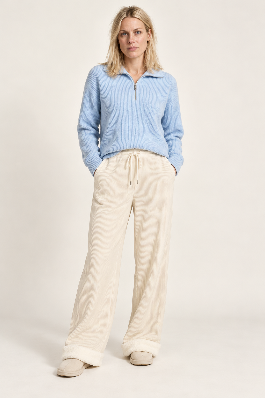 Branka | Fleece-Lined Ribbed Drawstring Wide-Leg Trousers