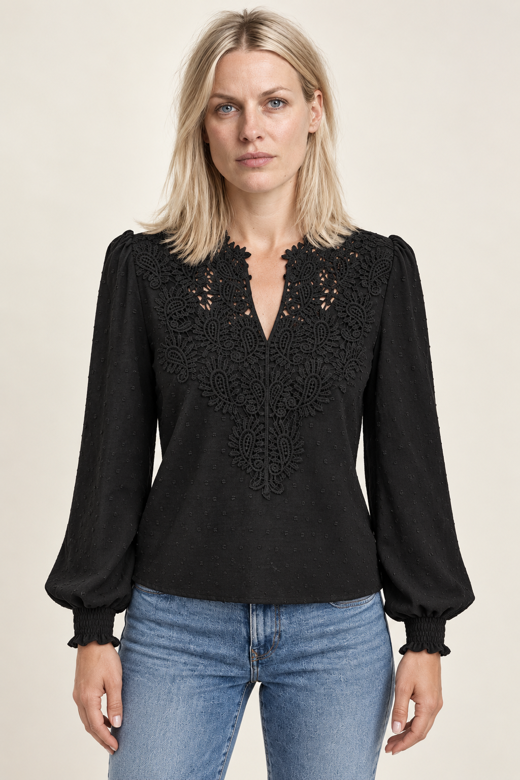 Colette | Lace-Trim Swiss-Dot Blouse