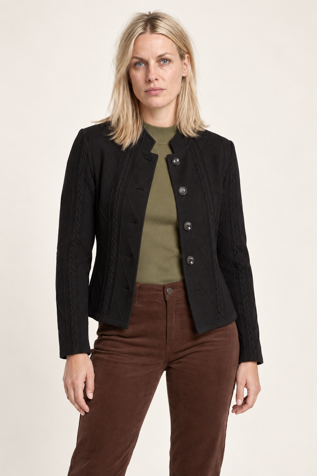Lenka | Cable-Texture Stand-Collar Button-Front Jacket
