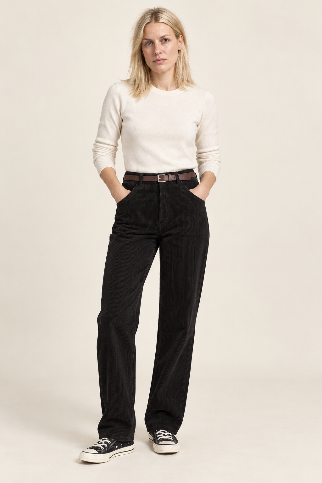 Nerina | High-Waisted Belted Straight-Leg Corduroy Pants