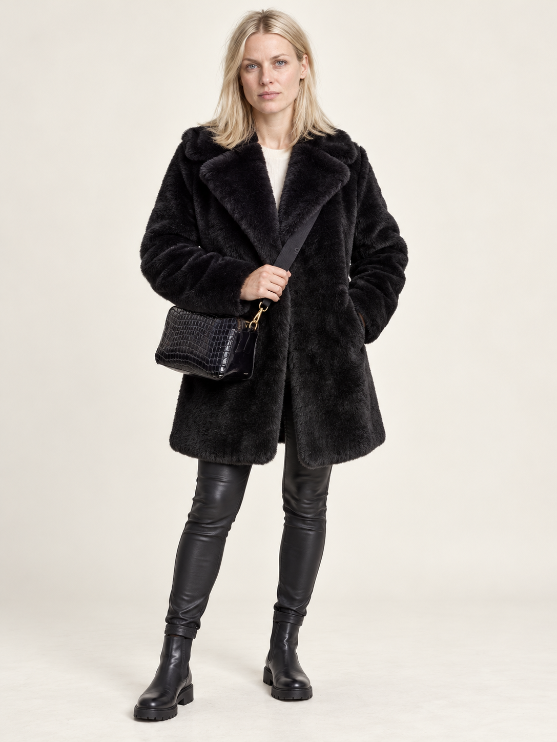 Flavie | Wide-Lapel Open-Front Faux Fur Mid-Thigh Coat