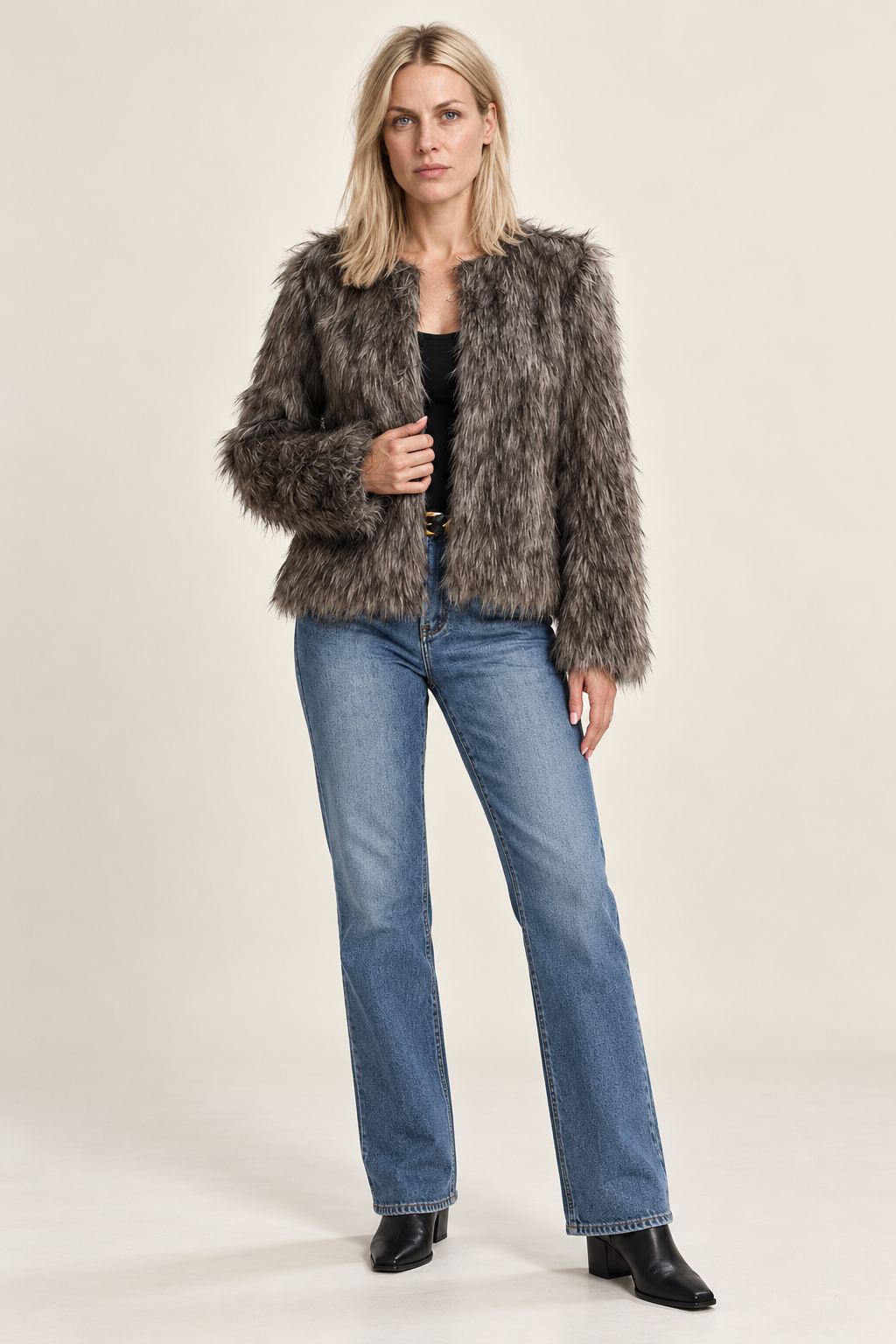 Dominika | Collarless Open-Front Shaggy Faux Fur Jacket