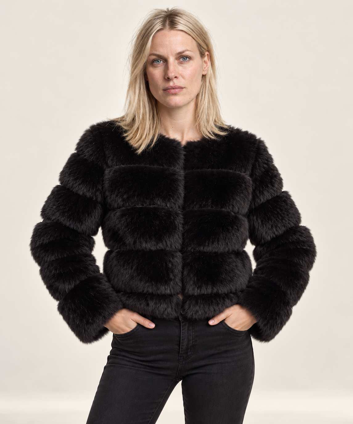 Galina | Tiered-Panel Collarless Faux Fur Cropped Jacket