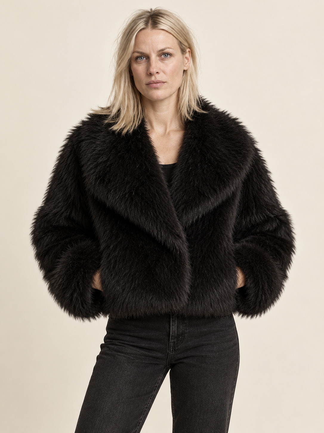 Gabrielle | Wide-Collar Shaggy Faux Fur Cropped Jacket