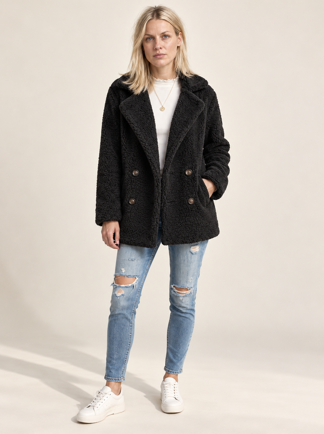 Glenys | Double-Breasted Notched-Lapel Teddy Coat