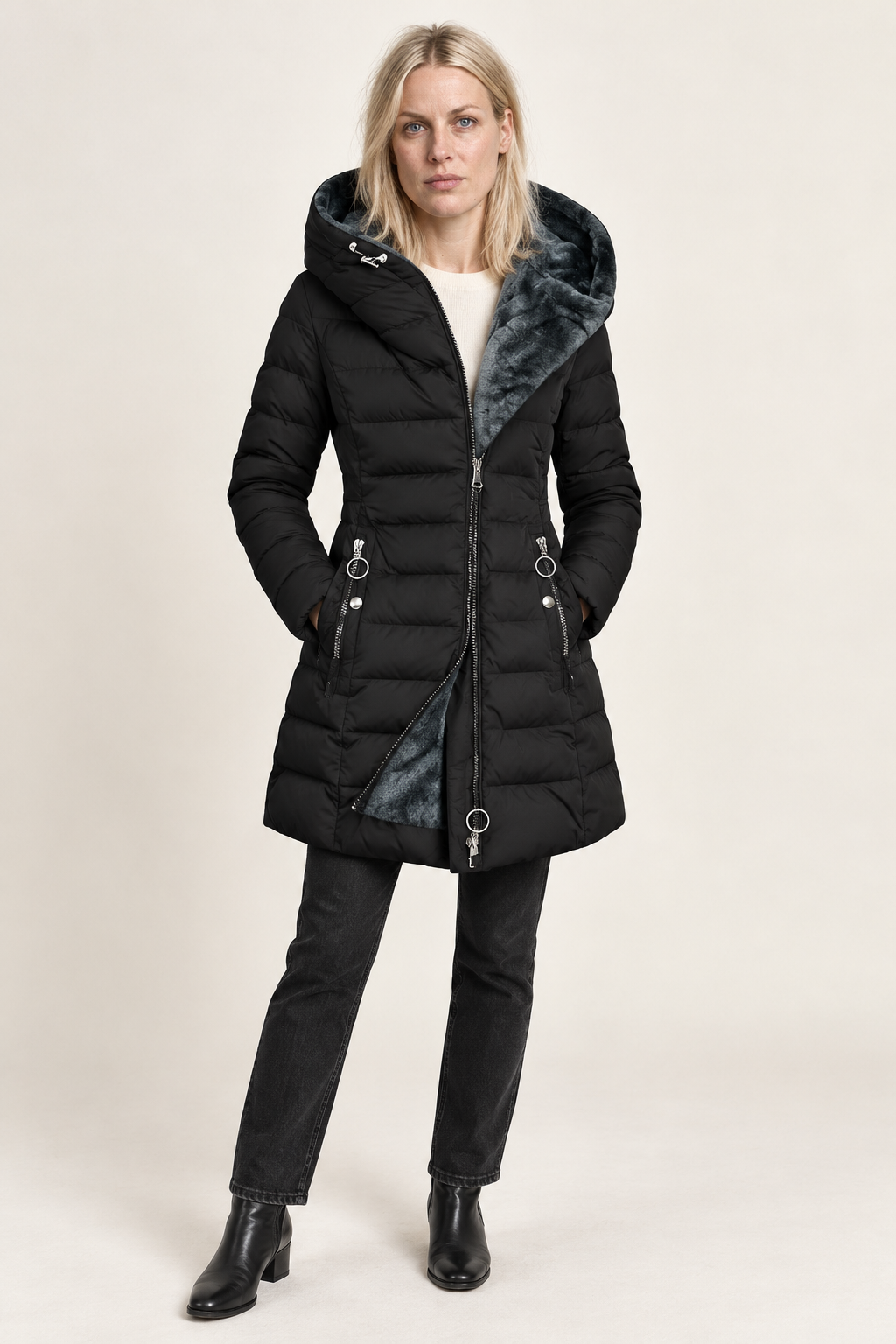 Hilja | Hooded Plush-Lined Channel-Quilted Puffer Coat