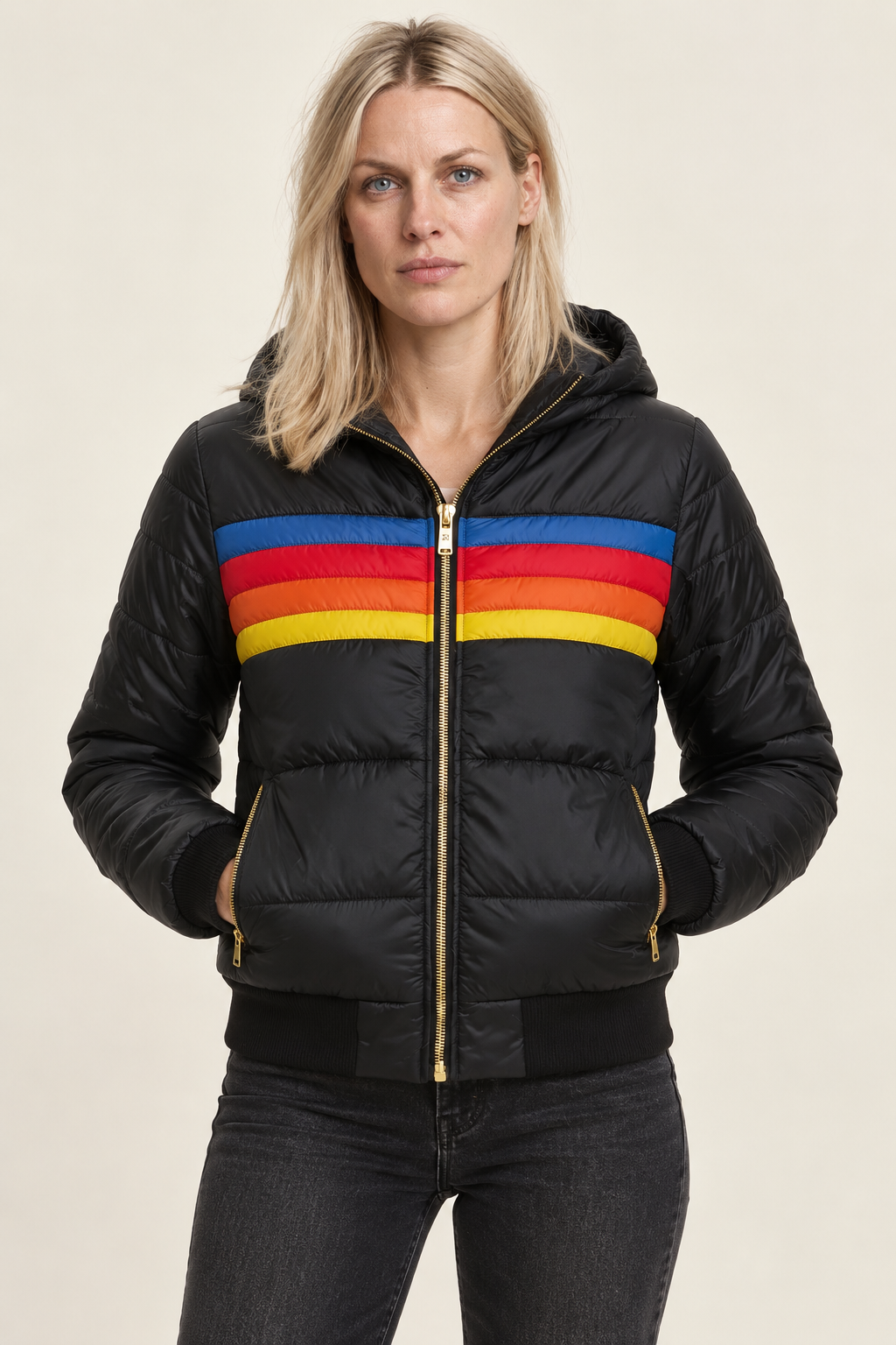 Jara | Hooded Retro Rainbow-Stripe Puffer Jacket
