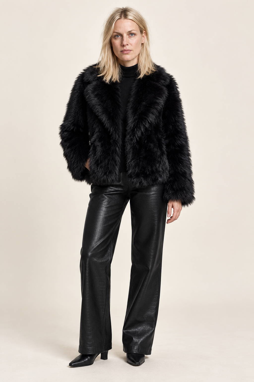 Filipa | Wide-Lapel Shaggy Faux Fur Hip-Length Jacket