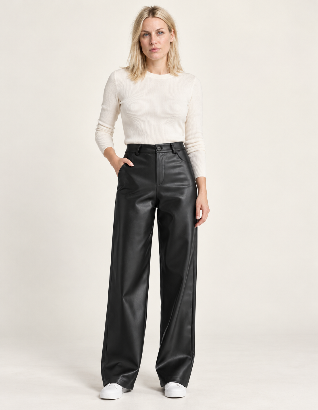 Bryndis | Fleece-Lined Leather-Look Wide-Leg Trousers