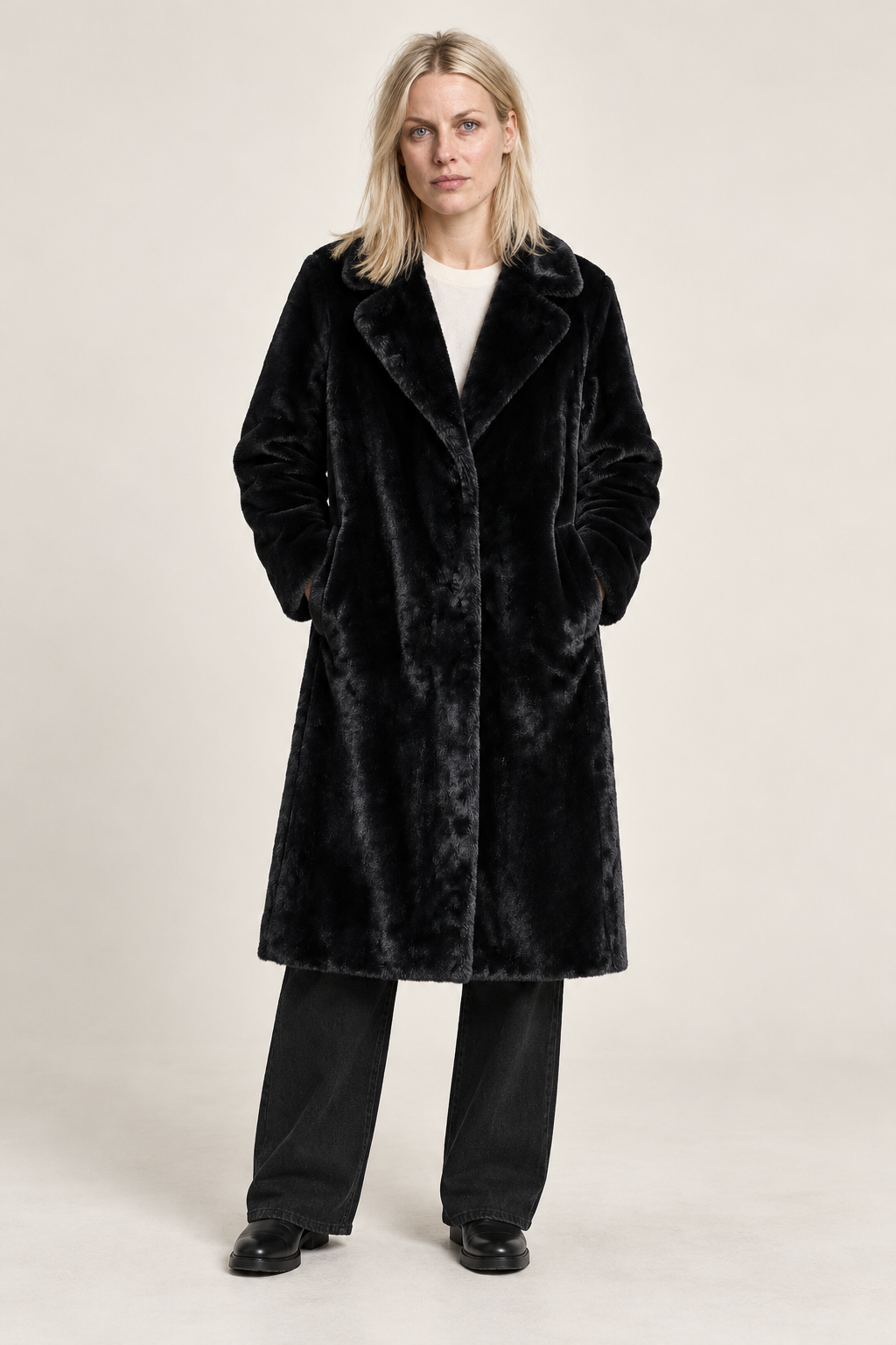 Freja | Notched-Lapel Faux Fur Longline Coat