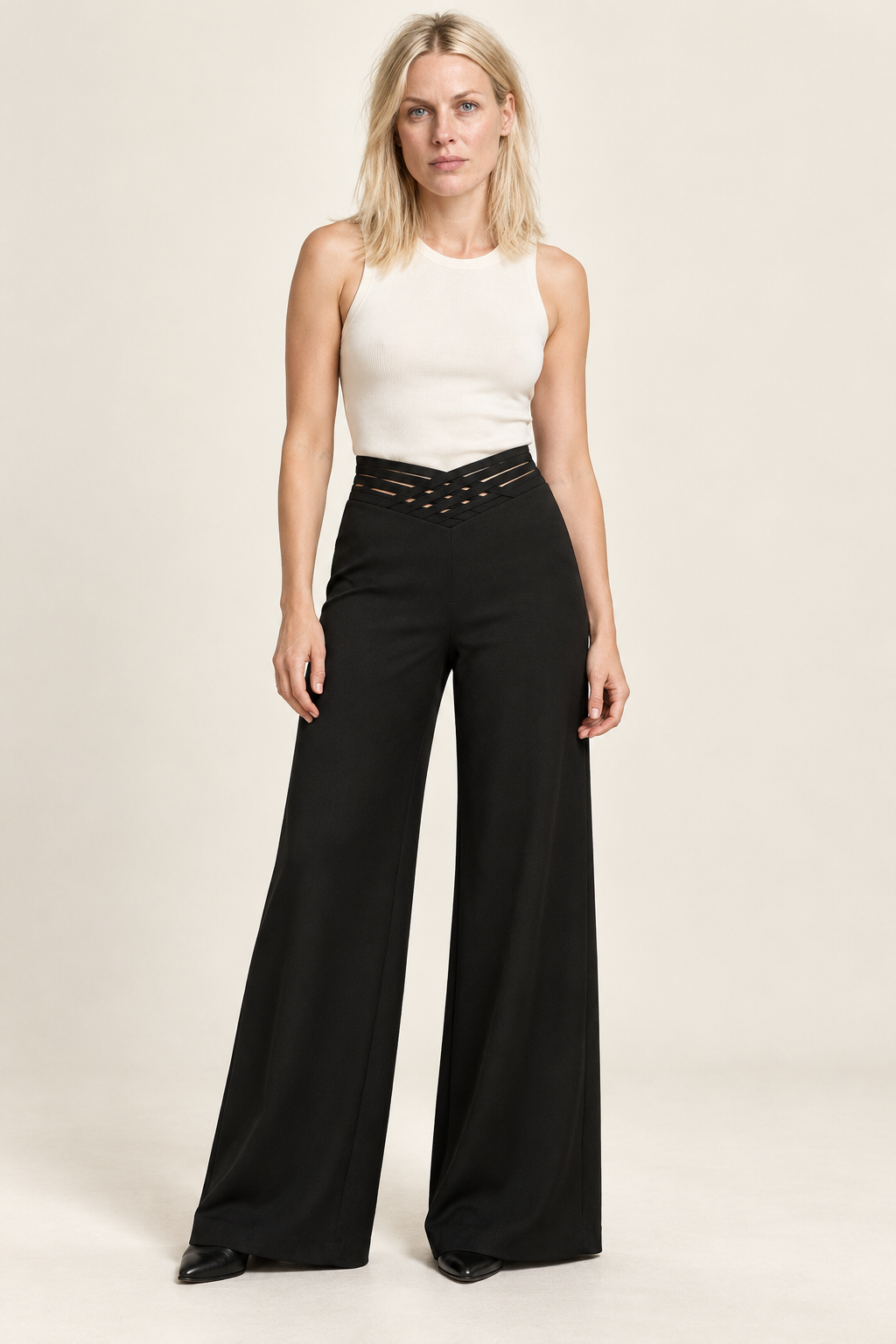 Sigrun | Lattice V-Waist High-Waisted Wide-Leg Trousers