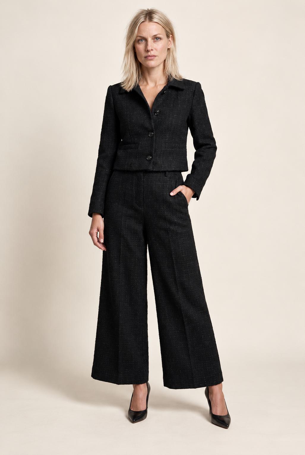 Tilde | Tweed-Look Cropped Jacket and Wide-Leg Trouser Set