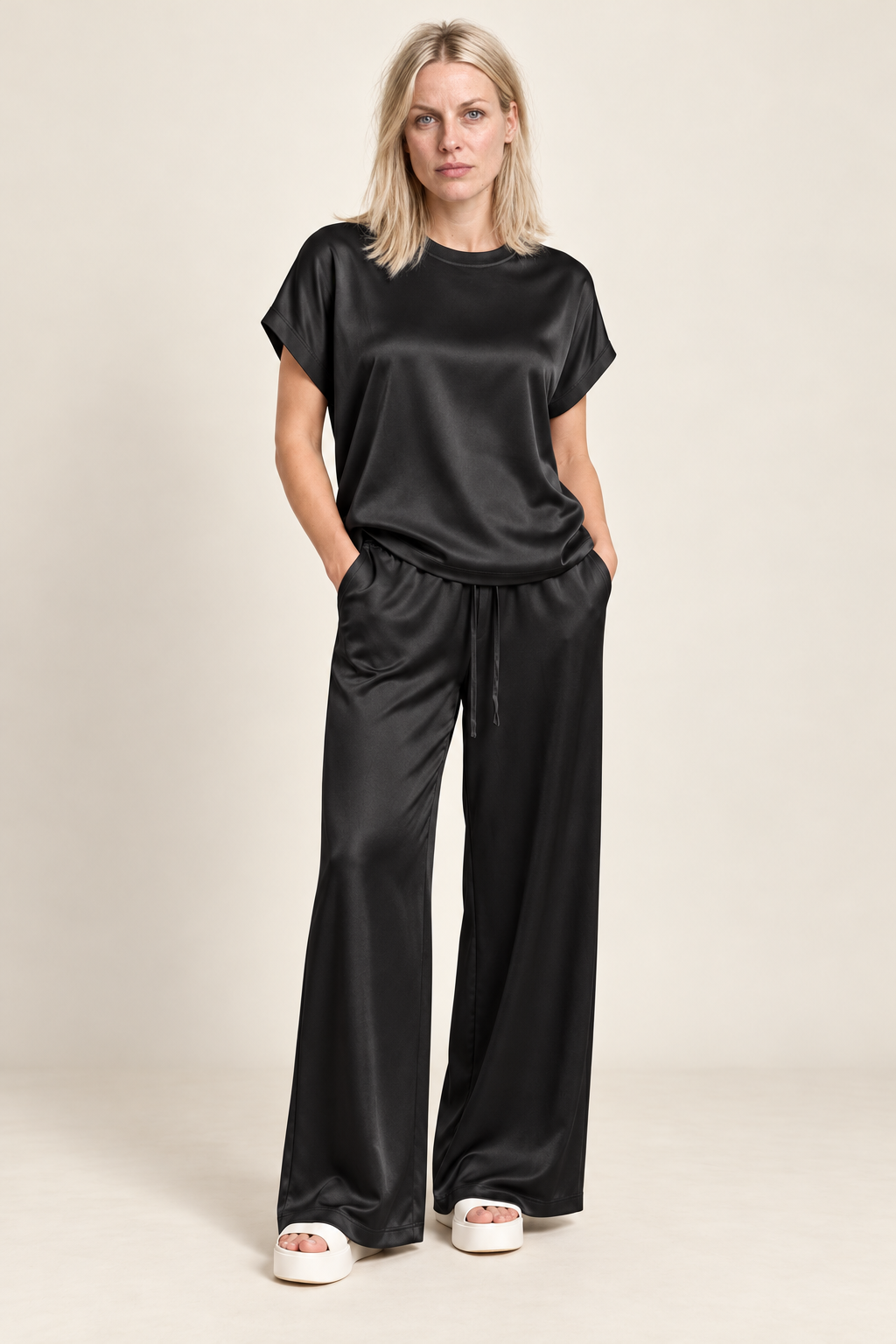 Teja | Satin-Look Cap-Sleeve Top and Wide-Leg Lounge Set