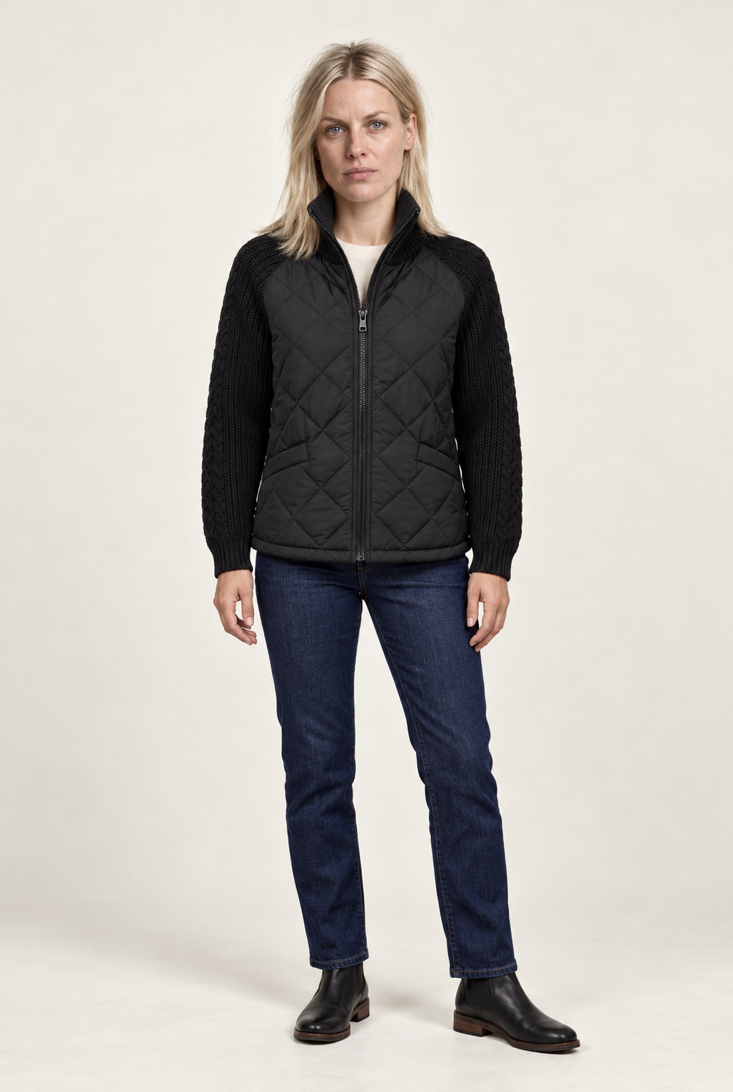 Ilka | Diamond-Quilted Cable-Knit Sleeve Hybrid Jacket