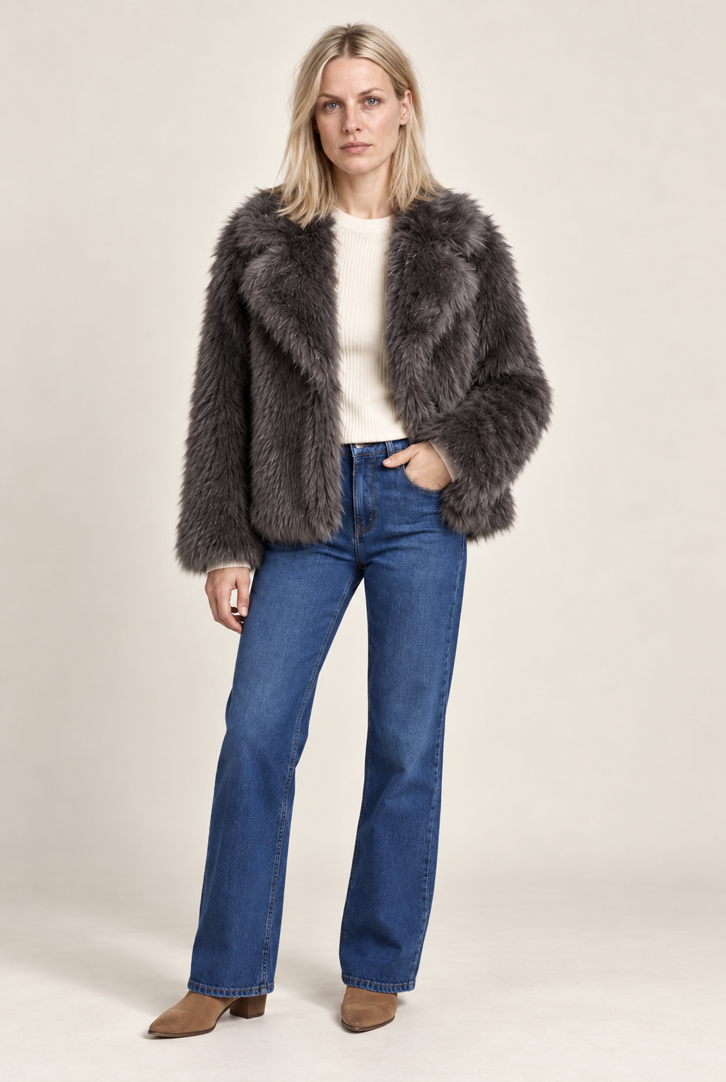 Fernanda | Oversized Wide-Lapel Faux Fur Hip-Length Jacket