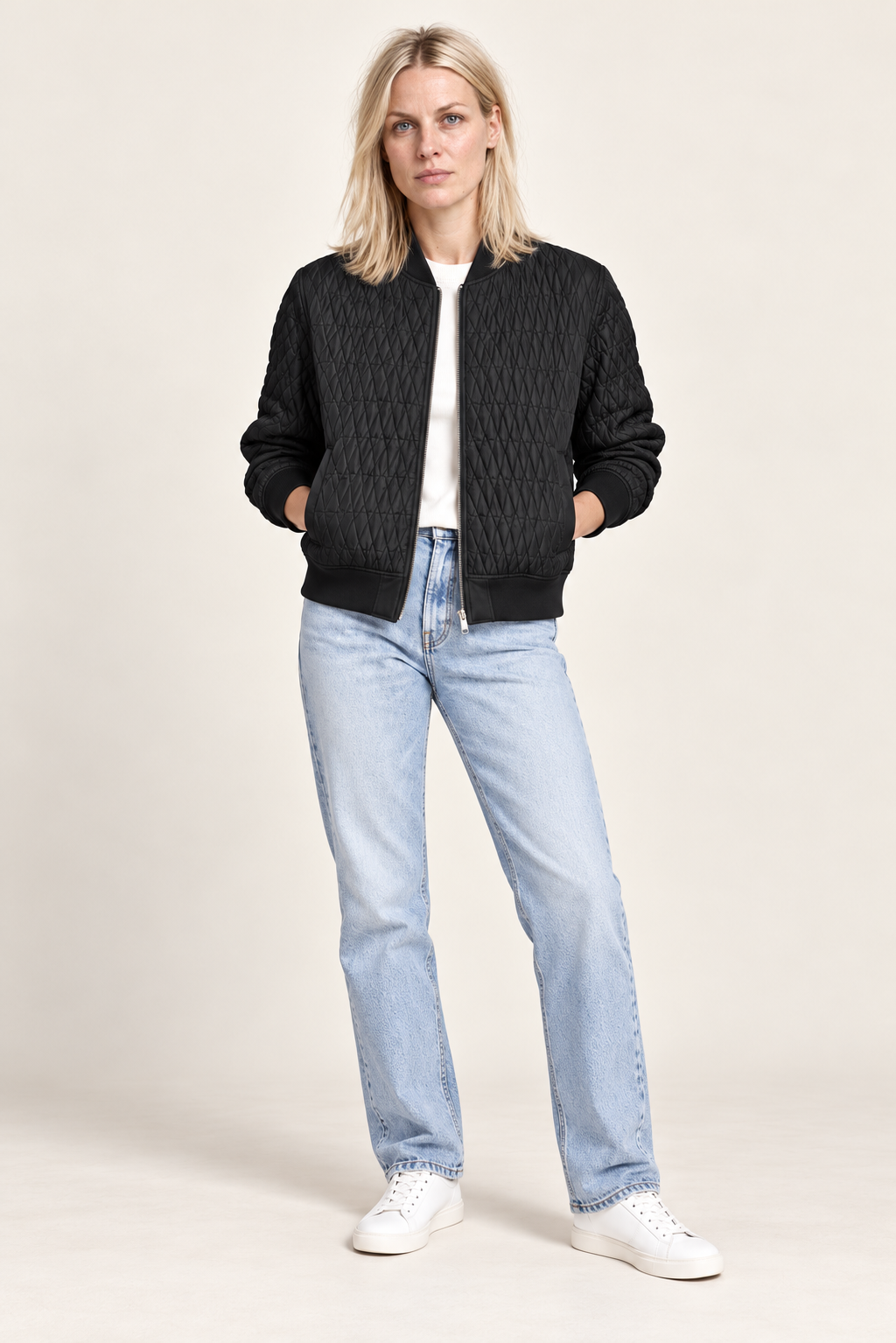 Katharine | Diamond-Quilted Ribbed-Trim Bomber Jacket