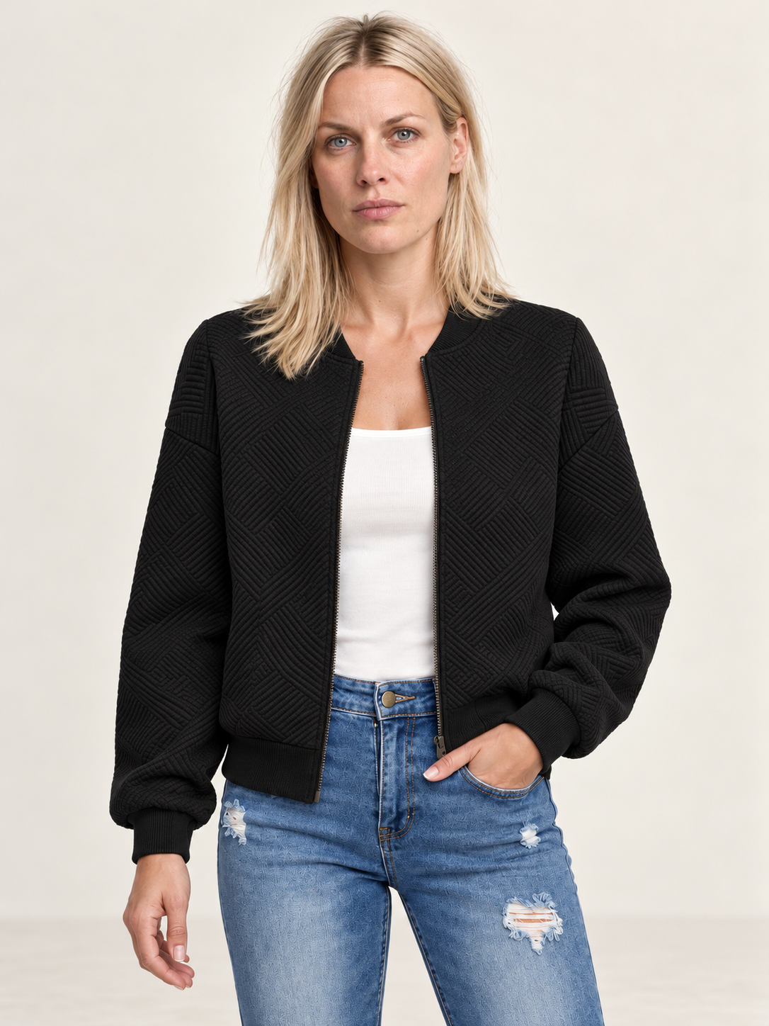 Inga | Textured Zip-Up Bomber Jacket