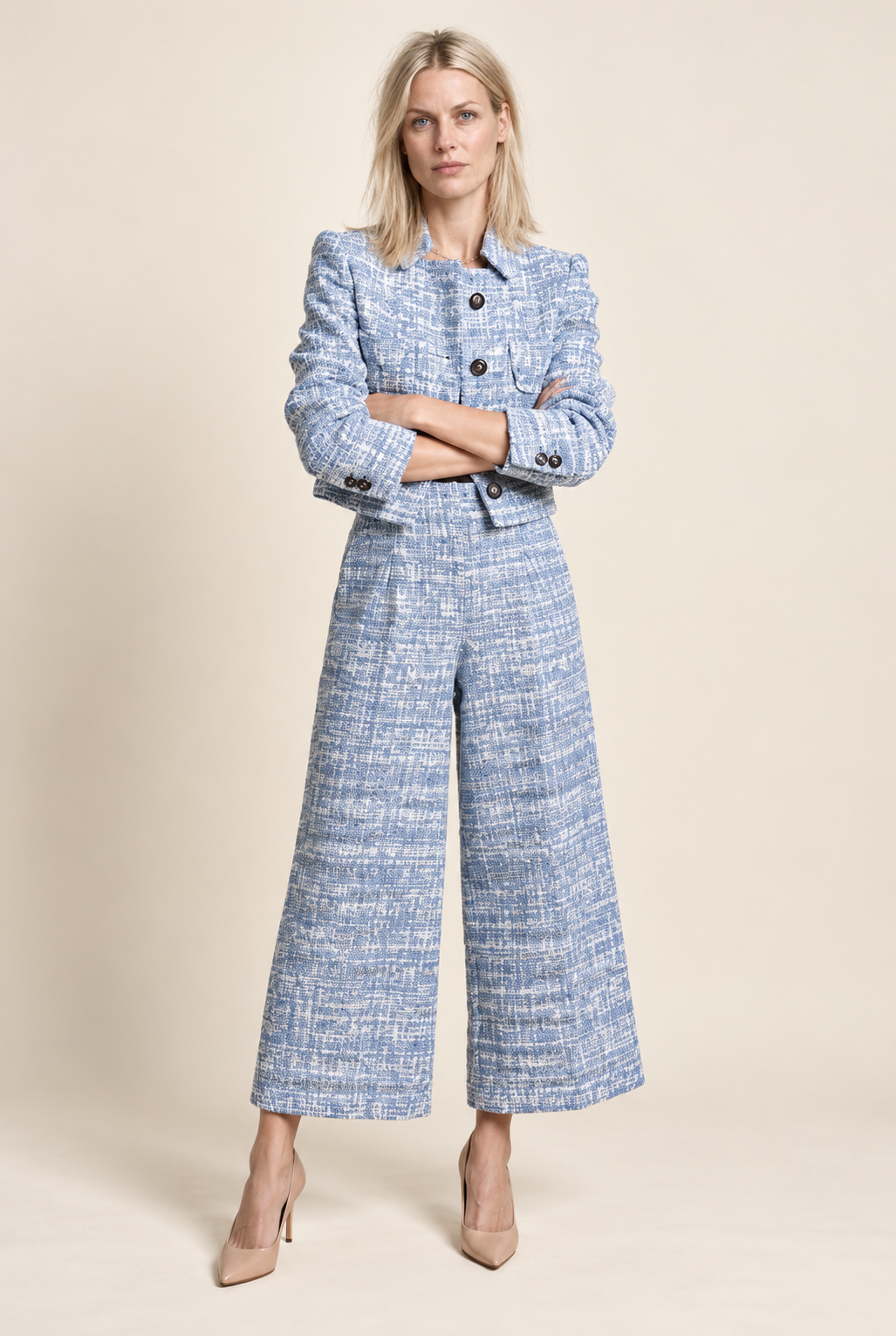 Tilde | Tweed-Look Cropped Jacket and Wide-Leg Trouser Set