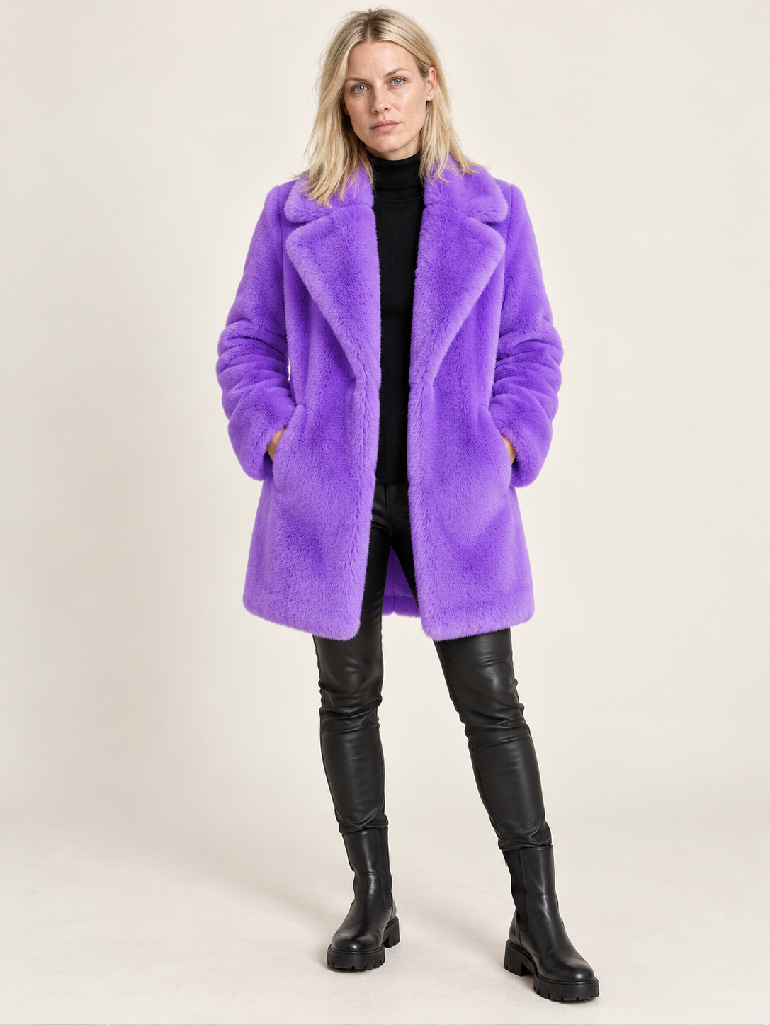 Flavie | Wide-Lapel Open-Front Faux Fur Mid-Thigh Coat