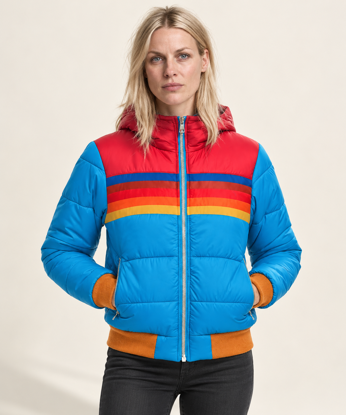 Jara | Hooded Retro Rainbow-Stripe Puffer Jacket