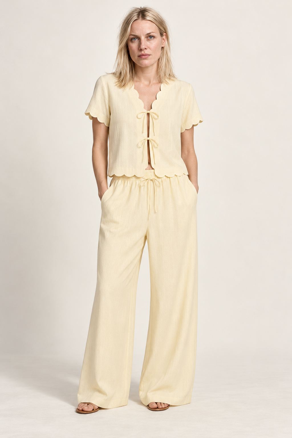 Thora | Scalloped Tie-Front Blouse and Wide-Leg Trouser Set