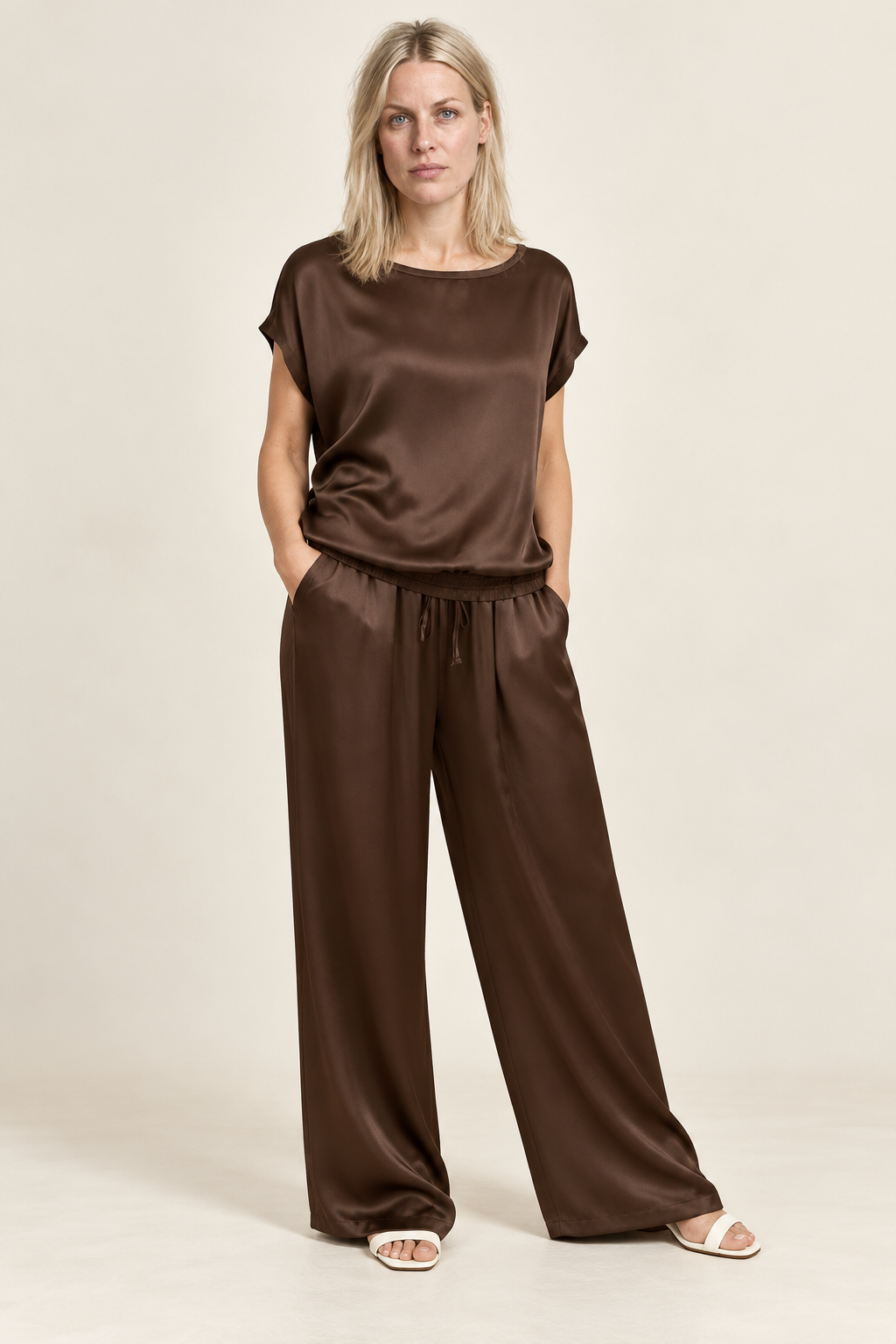 Teja | Satin-Look Cap-Sleeve Top and Wide-Leg Lounge Set