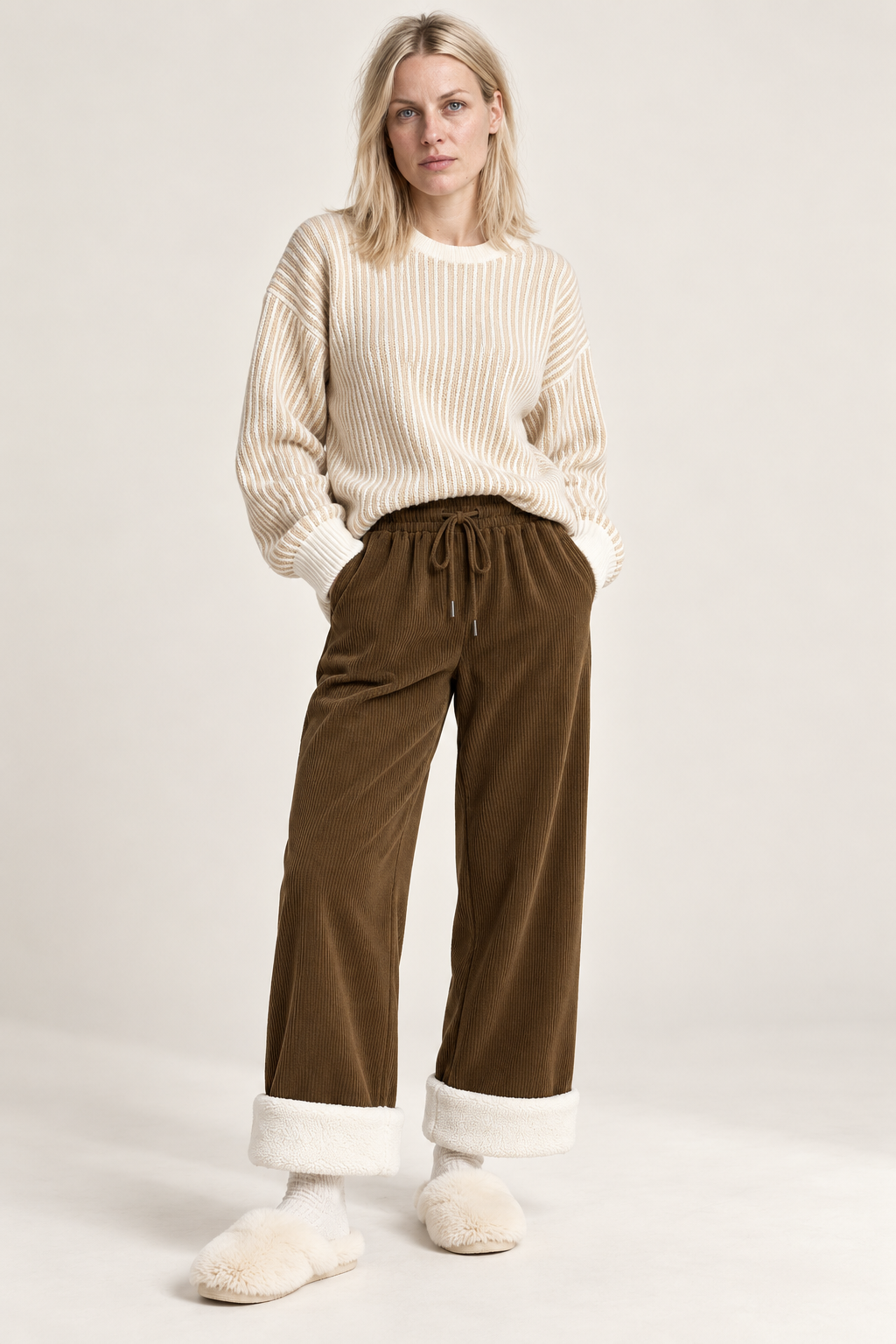 Branka | Fleece-Lined Ribbed Drawstring Wide-Leg Trousers