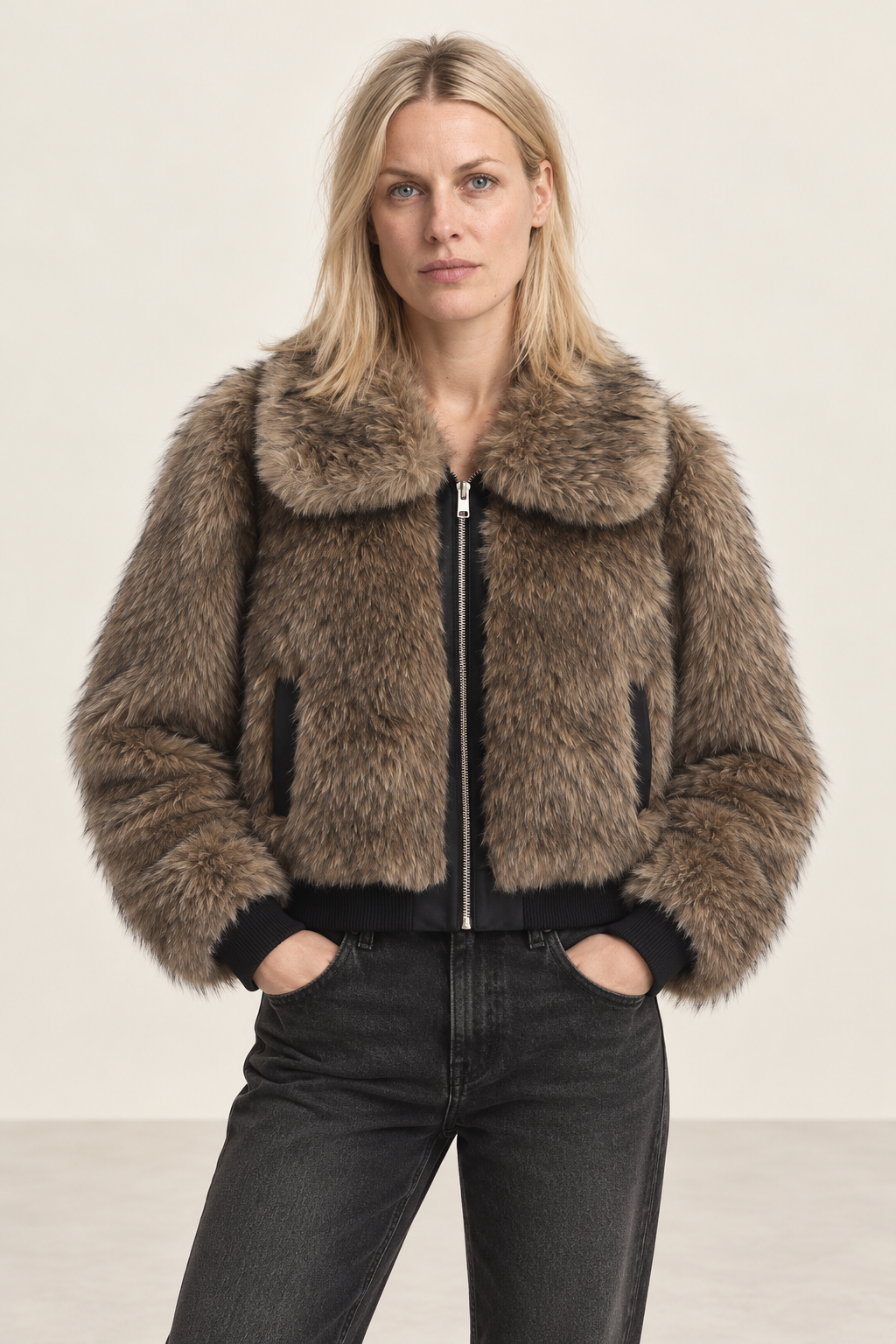 Gisela | Collared Zip-Up Faux Fur Cropped Bomber Jacket