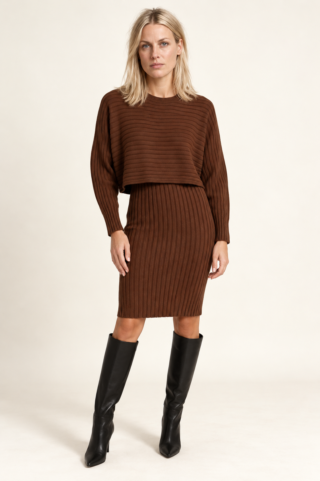Valda | Ribbed Tank Dress and Cropped Batwing Knit Set
