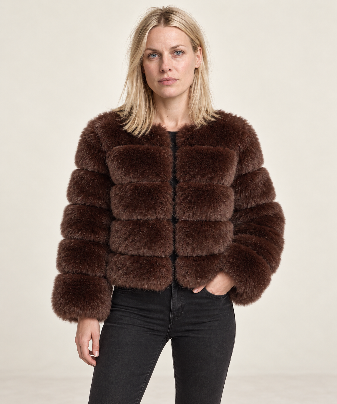 Galina | Tiered-Panel Collarless Faux Fur Cropped Jacket