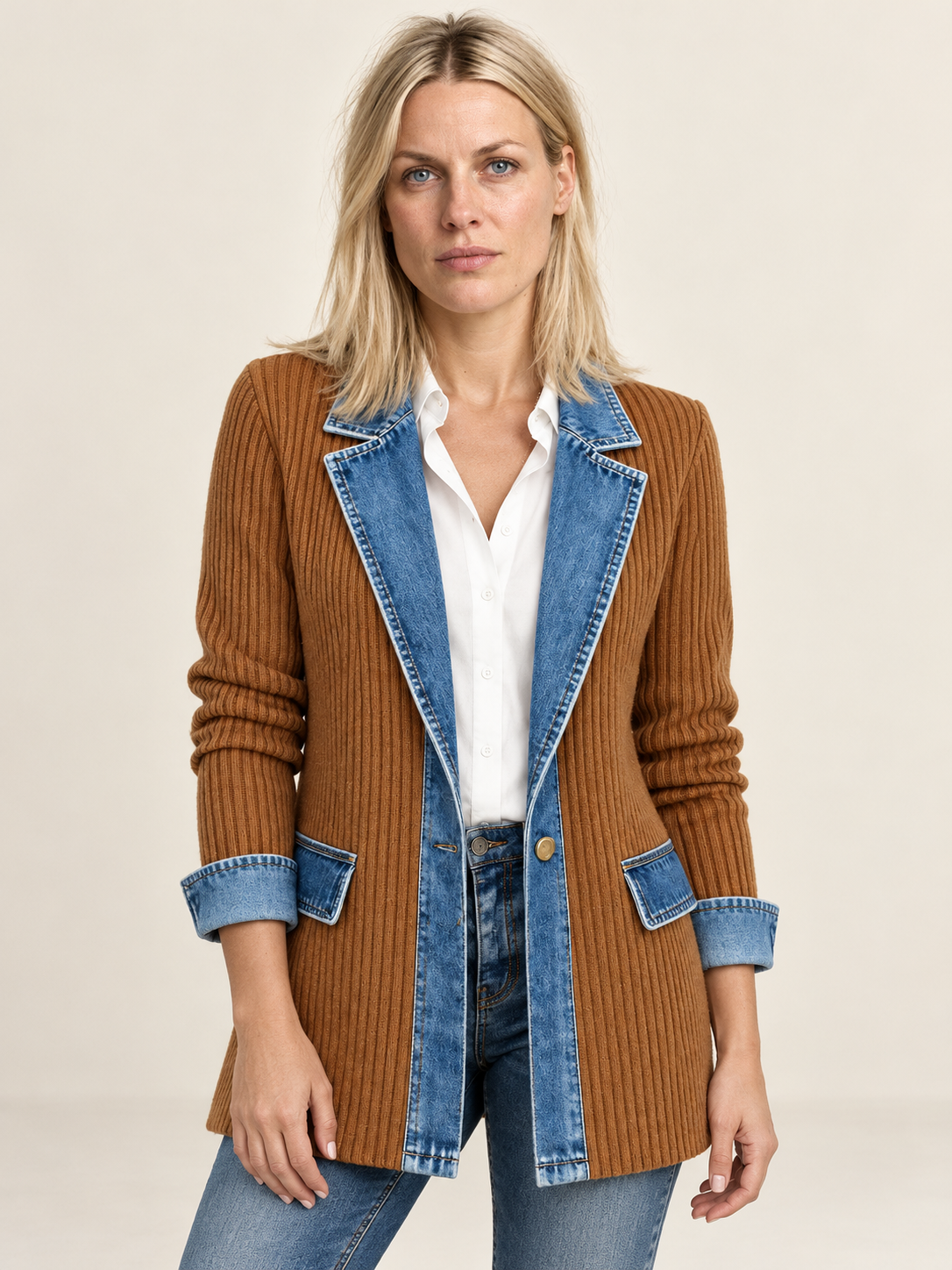 Saskia | Denim Trim Knit Blazer